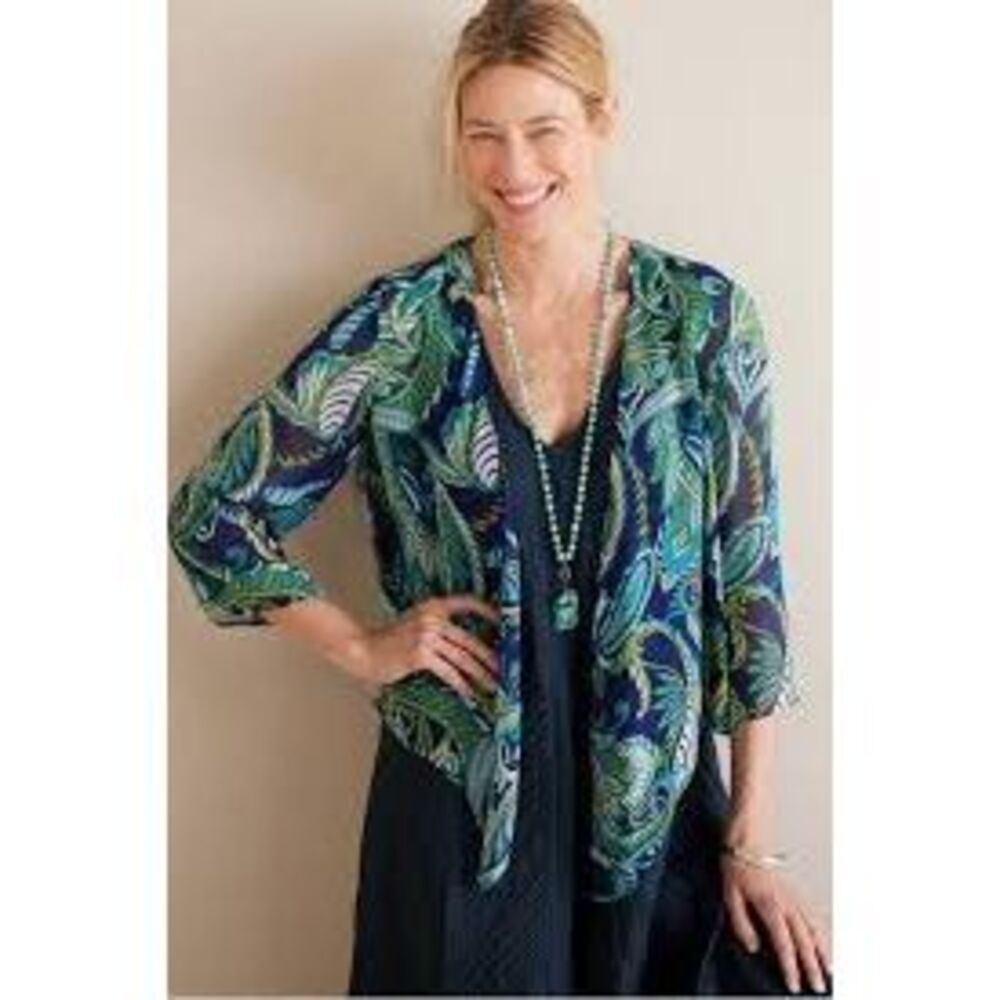 SOFT SURROUNDINGS 100% Silk Undercover Blue Green Paisley Feather Topper Cardiga
